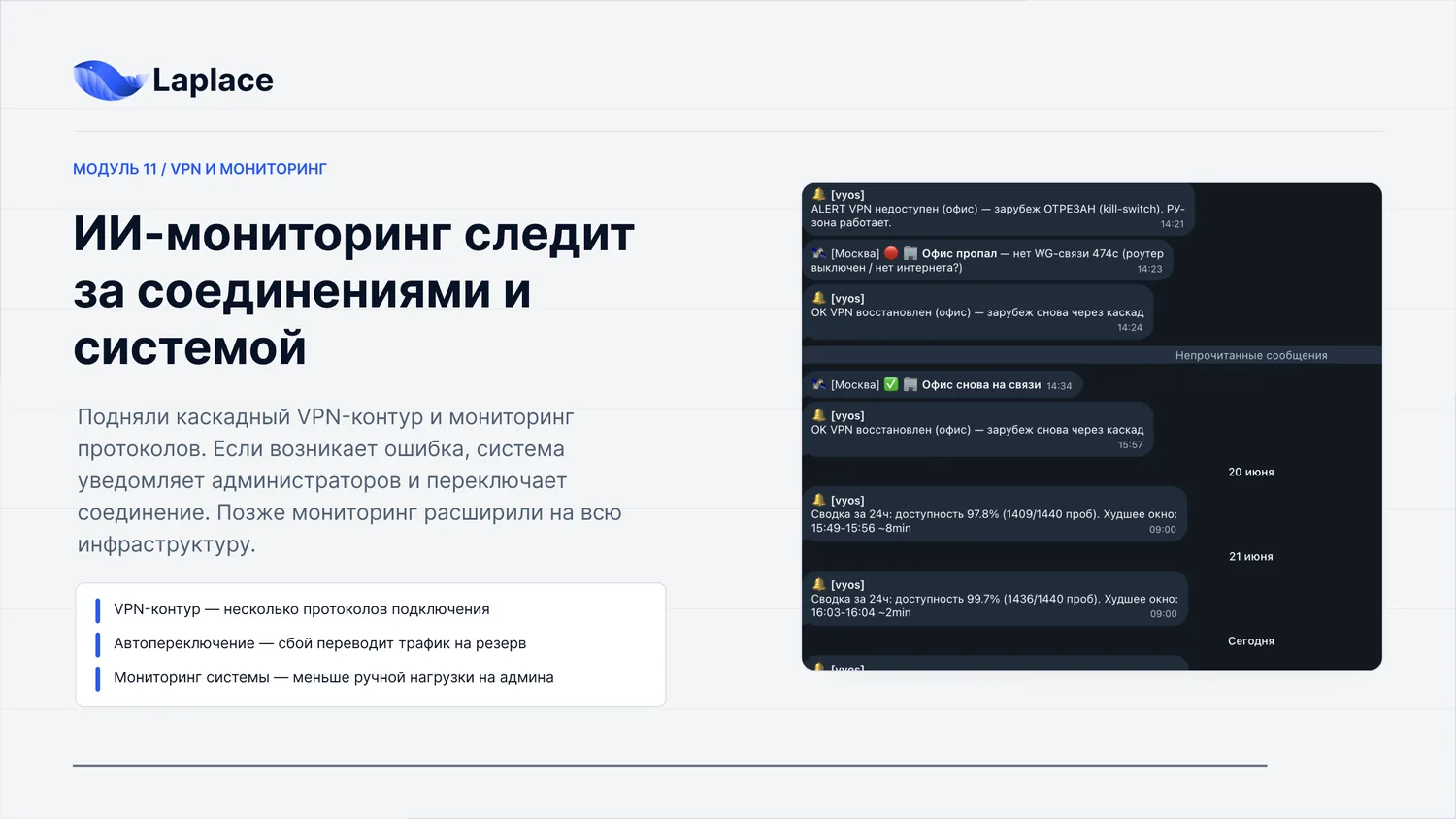 ИИ-мониторинг: алерты о соединениях, автопереключение на резерв, сводки доступности
